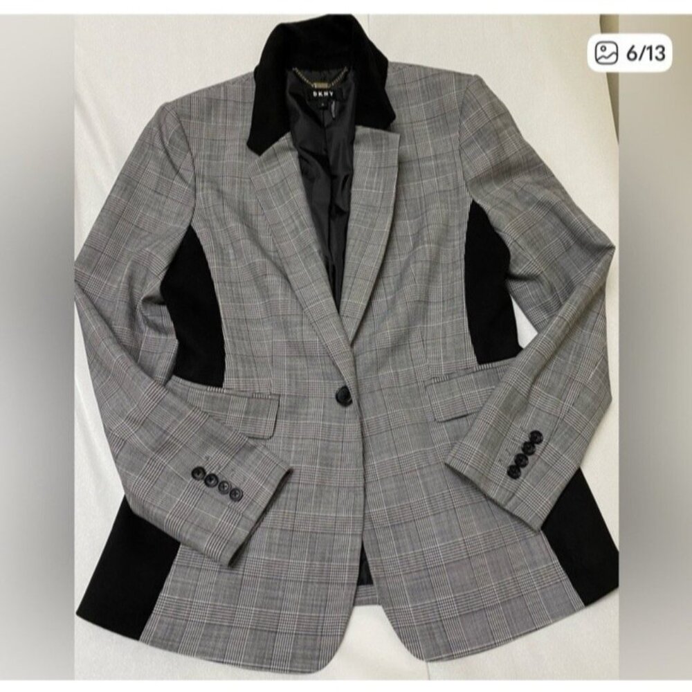 DKNY Suit Jacket Blazer 8 Black Gray Houndstooth Velvet Panel NEW $139